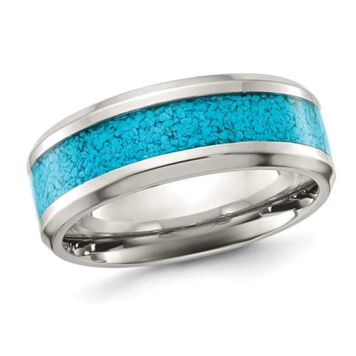GEM AND HARMONY  Mens Stainless Steel Band Ring With Inlay (8Mm) In Turquoise