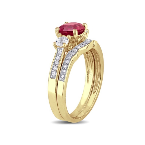 1 1/3 Carat Lab-Created Ruby and White Sapphire with Diamond Bridal Wedding Set Engagement Ring 10K White Gold