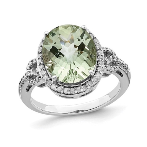 GEM AND HARMONY  4.55 Carat (Ctw) Oval-Cut Quartz Ring In Sterling Silver With Diamonds In Green