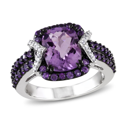 3.34 Carat Amethyst Halo Ring with Diamonds Accents in Sterling Silver