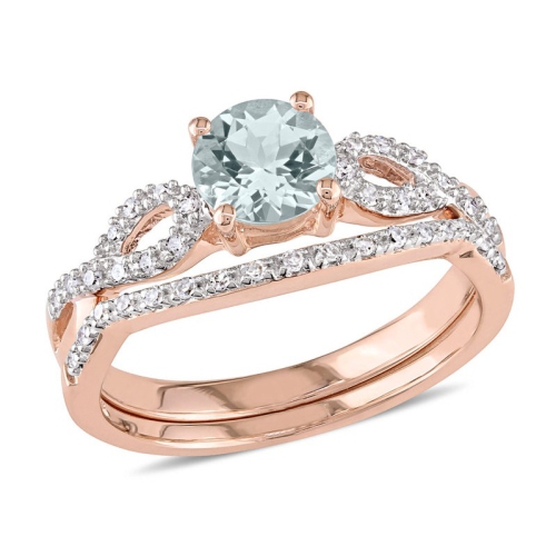 7/10 Carat Aquamarine Engagement Ring & Wedding Band Set with Diamonds 10K Rose Gold