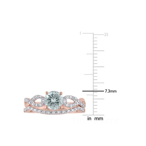 7/10 Carat Aquamarine Engagement Ring & Wedding Band Set with Diamonds 10K Rose Gold