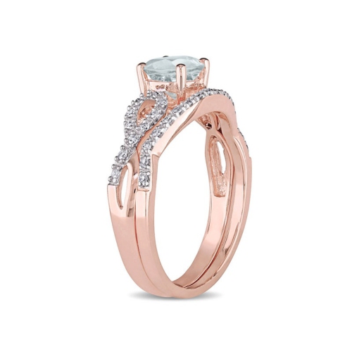 7/10 Carat Aquamarine Engagement Ring & Wedding Band Set with Diamonds 10K Rose Gold