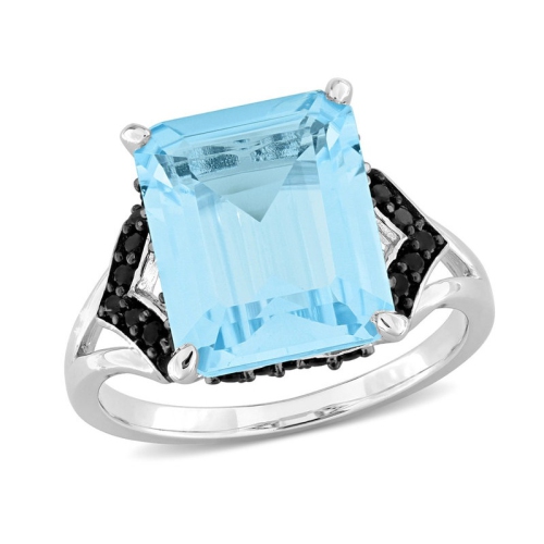 7.90 Carat Blue Topaz and Black Sapphire Ring in Sterling Silver