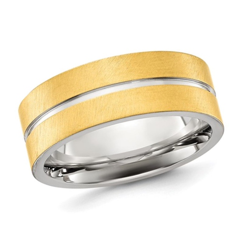 GEM AND HARMONY  Mens Stainless Steel Brushed And Polished Plated Grooved Band Ring (8Mm) In Yellow