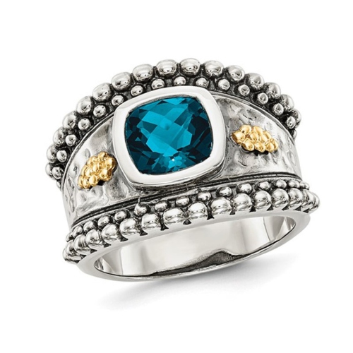 GEM AND HARMONY  1.80 Carat (Ctw) London Topaz Ring In Antiqued Sterling Silver With 14K Gold Accent In Blue
