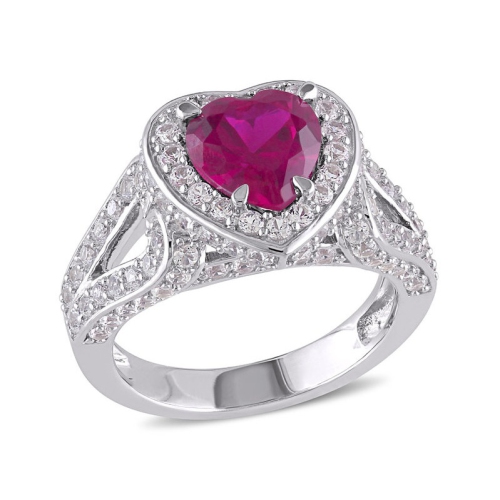 GEM AND HARMONY  5.00 Carat (Ctw) Lab-Created Ruby Heart Ring In Sterling Silver With Sapphires In White