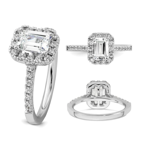 1.44 Carat Emerald-Cut Certified Lab-Grown Diamond Halo Engagement Ring 14K White Gold