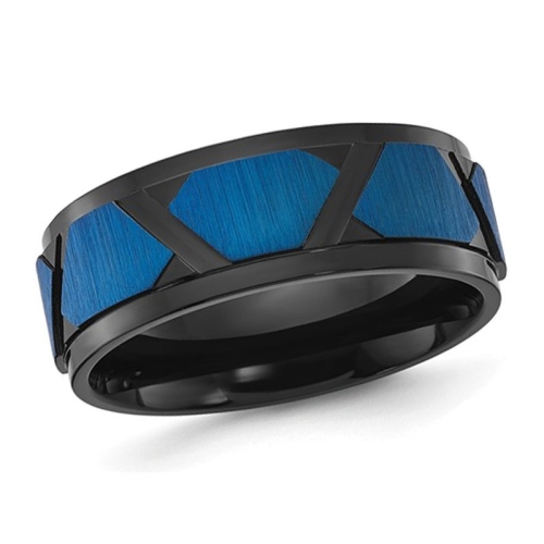 GEM AND HARMONY  Mens Titanium Polished And Brushed Plating Band Ring (8Mm) In Blue