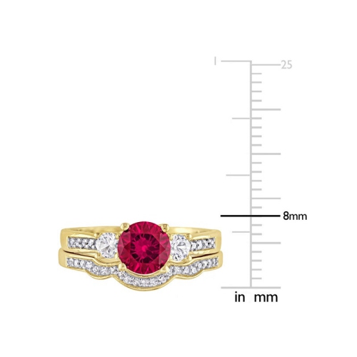 Bague fiançailles or blanc 10K K, rubis synthétique 1 1/3&nbsp;carat et saphir blanc avec ensemble mariage diamant