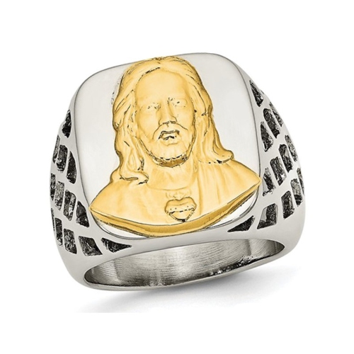GEM AND HARMONY  Mens Stainless Steel With Sterling Jesus Ring In Silver