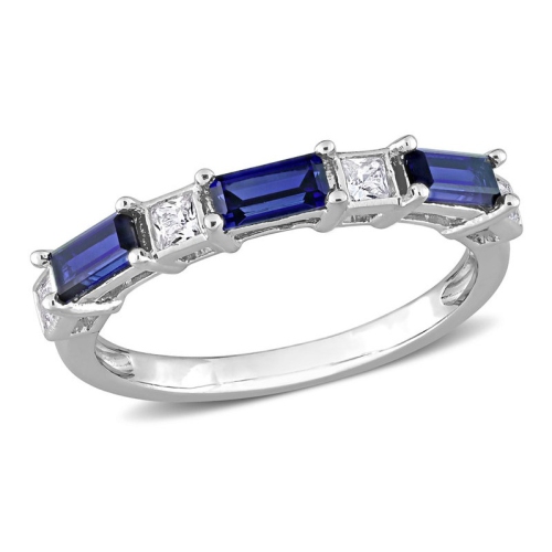 GEM AND HARMONY  1.40 Carat (Ctw) Lab-Created And White Sapphire Baguette Ring Band In Sterling Silver In Blue