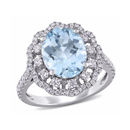GEM AND HARMONY  2.77 Carat (Ctw) Aquamarine Halo Cocktail Ring With Diamonds 3/4 Carat (Ctw) In 14K Gold In White