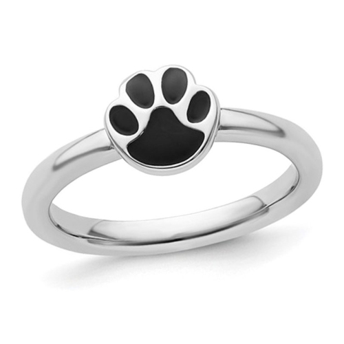 GEM AND HARMONY  Sterling Silver Enamel Pawprint Ring In Black