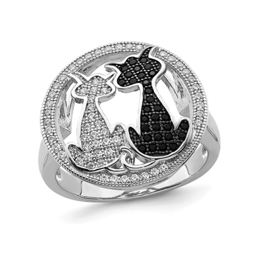 GEM AND HARMONY  Sterling Silver Black And Micro-Pave Synthetic Cubic Zirconia (Cz) Cat Ring In White