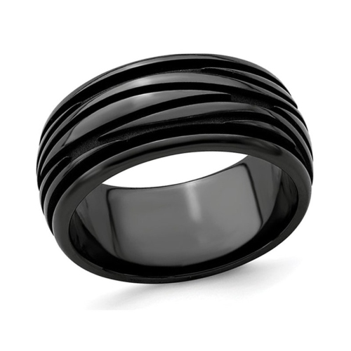 GEM AND HARMONY  Mens Titanium Grooved Waves Band Ring (10Mm) In Black