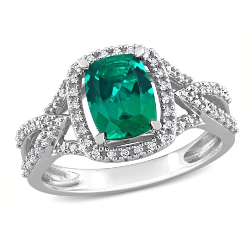 GEM AND HARMONY  2.00 Carat (Ctw) Lab-Created Cushion Emerald Ring In 10K Gold With Diamonds In White