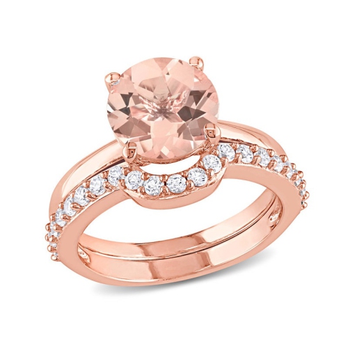 GEM AND HARMONY  2.20 Carat (Ctw) Morganite And Lab-Created Sapphire Bridal Wedding Set Engagement Ring In 10K Pink Gold In White