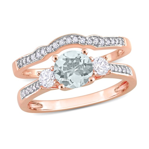 GEM AND HARMONY  3/4 Carat (Ctw) Aquamarine And Lab-Created Sapphire Bridal Wedding Set Ring In 10K Pink Gold With Diamonds In White