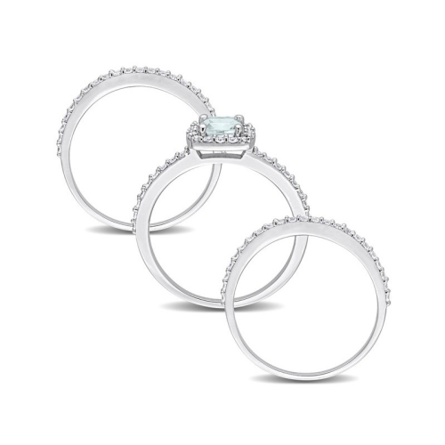 1.33 Carat Aquamarine and Lab-Created White Sapphire Engagement Ring & Wedding Band Set Sterling Silver