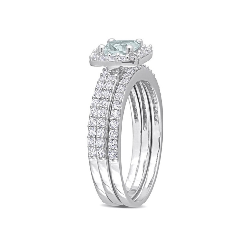 1.33 Carat Aquamarine and Lab-Created White Sapphire Engagement Ring & Wedding Band Set Sterling Silver