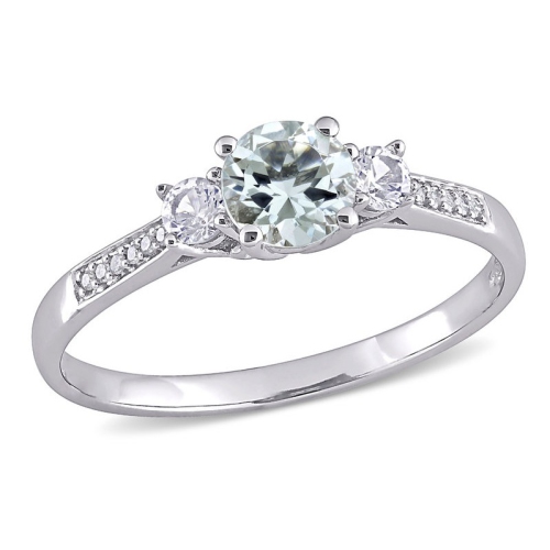 GEM AND HARMONY  1.05 Carat (Ctw) Aquamarine And Lab-Created Sapphire Ring With Accent Diamonds In 10K Gold In White