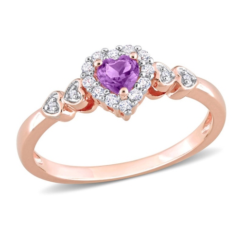 GEM AND HARMONY  1/3 Carat (Ctw) Amethyst And Lab-Created Sapphire Heart Ring In Rose Sterling Silver In White
