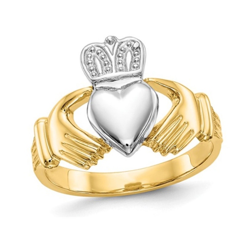 GEM AND HARMONY  Mens Claddagh Ring In 14K And White Gold In Yellow
