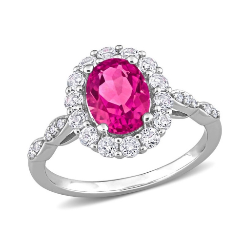 GEM AND HARMONY  2.05 Carat (Ctw) Pink And Topaz Halo Ring In 10K Gold In White