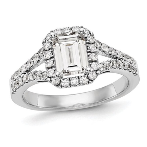 1.44 Carat Emerald-Cut Certified Lab-Grown Diamond Halo Engagement Ring 14K White Gold