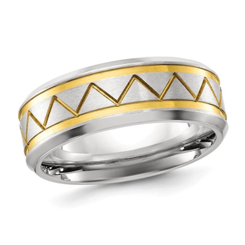 GEM AND HARMONY  Mens Titanium Brushed Plated Zigzag Band Ring (8Mm) In Yellow