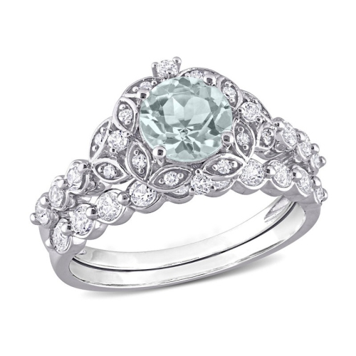 GEM AND HARMONY  1.84 Carat (Ctw) Aquamarine And Topaz Engagement Ring & Wedding Band Set With Accent Diamonds 10K Gold In White