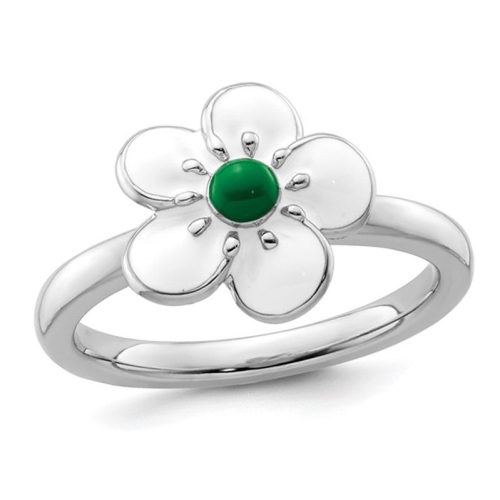 GEM AND HARMONY  Sterling Silver Hawthorn Flower Ring With White And Enamel In Green