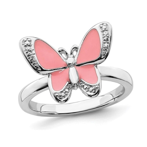 GEM AND HARMONY  Sterling Silver Enamel Butterfly Ring In Pink