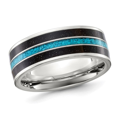 GEM AND HARMONY  Mens Titanium Star Sandstone Inlay With Turquoise Band Ring (8Mm) In Black