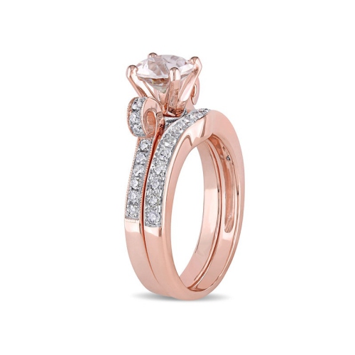 4/5 Carat Morganite and Diamond Engagement Ring Bridal Wedding Set 14K Pink Gold