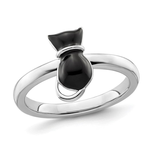 GEM AND HARMONY  Sterling Silver Enameled Cat Ring In Black