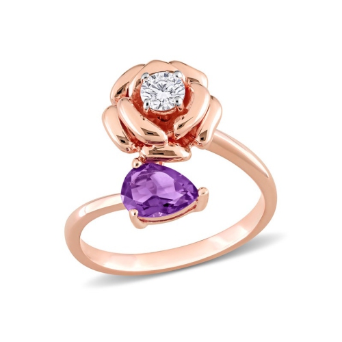 GEM AND HARMONY  2/3 Carat (Ctw) African Amethyst Flower Ring With Topaz In Rose Plated Sterling Silver In White