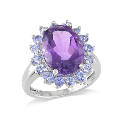 5.90 Carat Amethyst & Tanzanite Halo Cocktail Ring in Sterling Silver