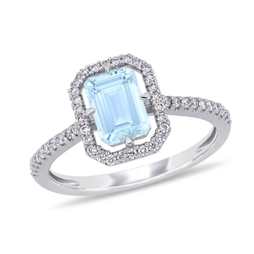 GEM AND HARMONY  9/10 Carat (Ctw) Aquamarine Halo Ring With Diamonds In 14K Gold In White