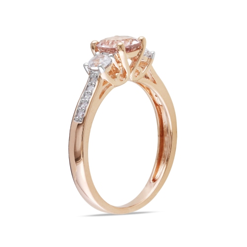 1.20 Carat Morganite & Lab-Created White Sapphire Three Stone Ring with Diamonds in 10K Rose Pink Gold