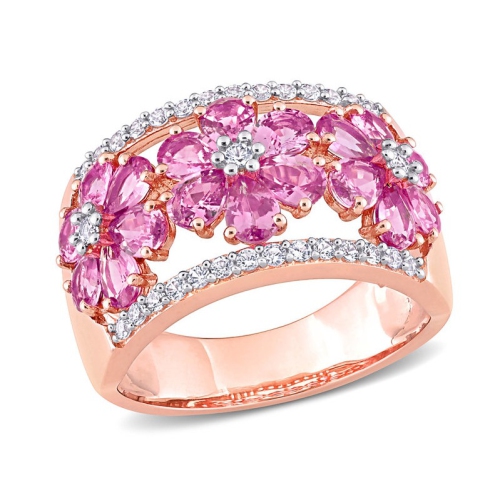 GEM AND HARMONY  3.92 Carat (Ctw) Pink And Sapphire Flower Band Ring In 14K Rose Pink Gold In White