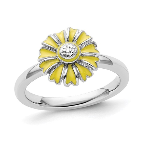 GEM AND HARMONY  Sterling Silver Enamel Daisy Flower Ring In Yellow