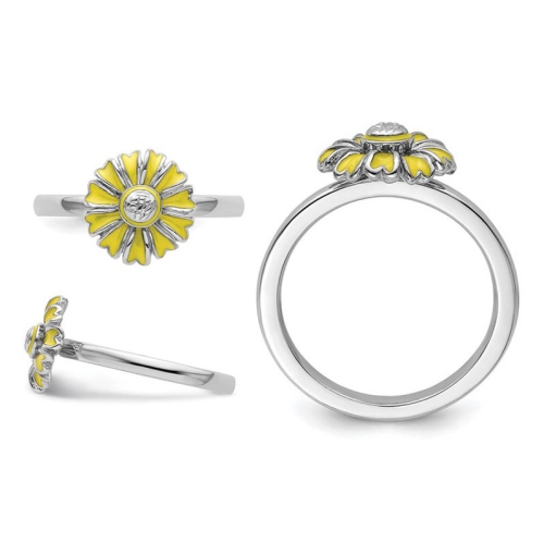 Sterling Silver Yellow Enamel Daisy Flower Ring
