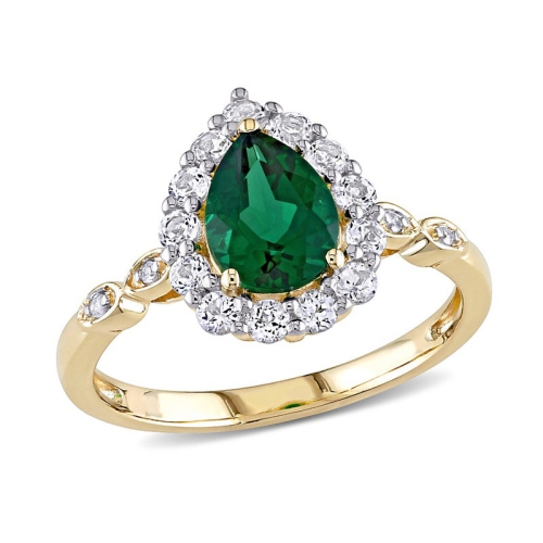 1.67 Carat Lab-Created Green Emerald and White Topaz Halo Ring in 10K Yellow Gold
