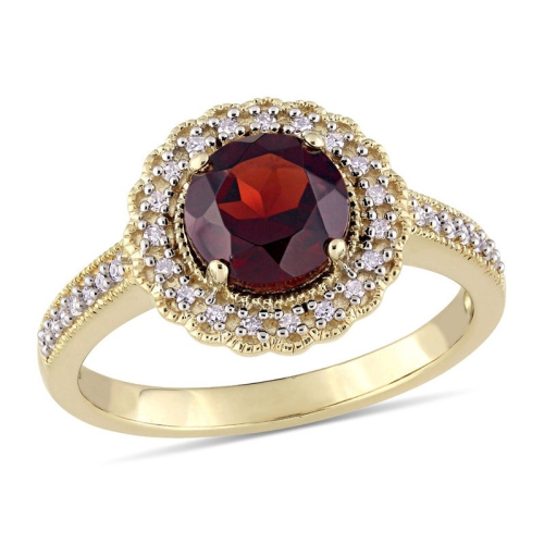 GEM AND HARMONY  1.60 Carat (Ctw) Solitaire Garnet Ring In Plated Silver With Accent Diamonds In Yellow