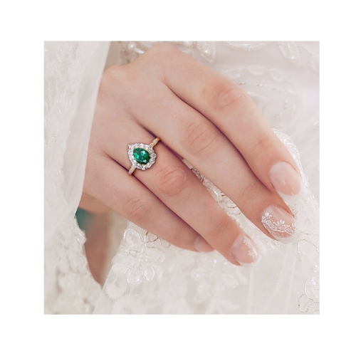 1.67 Carat Lab-Created Green Emerald and White Topaz Halo Ring in 10K Yellow Gold