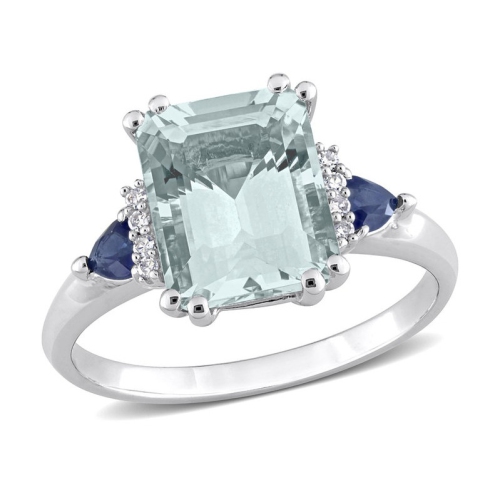 GEM AND HARMONY  3.15 Carat (Ctw) Aquamarine And Sapphire Ring In 14K White Gold In Blue