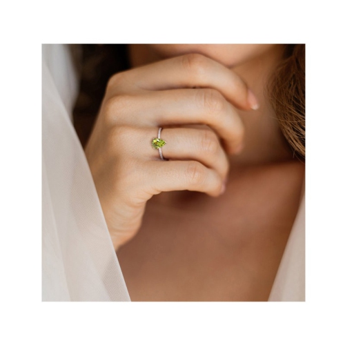 1 1/7 Carat Peridot Pear Ring 14K Yellow Gold with Diamonds