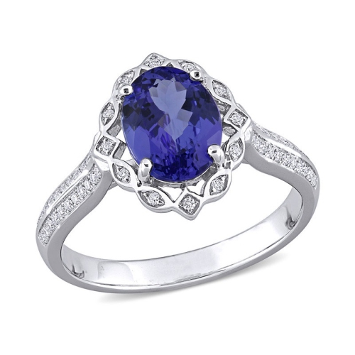 GEM AND HARMONY  1.79 Carat (Ctw) Tanzanite And Diamond Halo Ring In 14K Gold In White